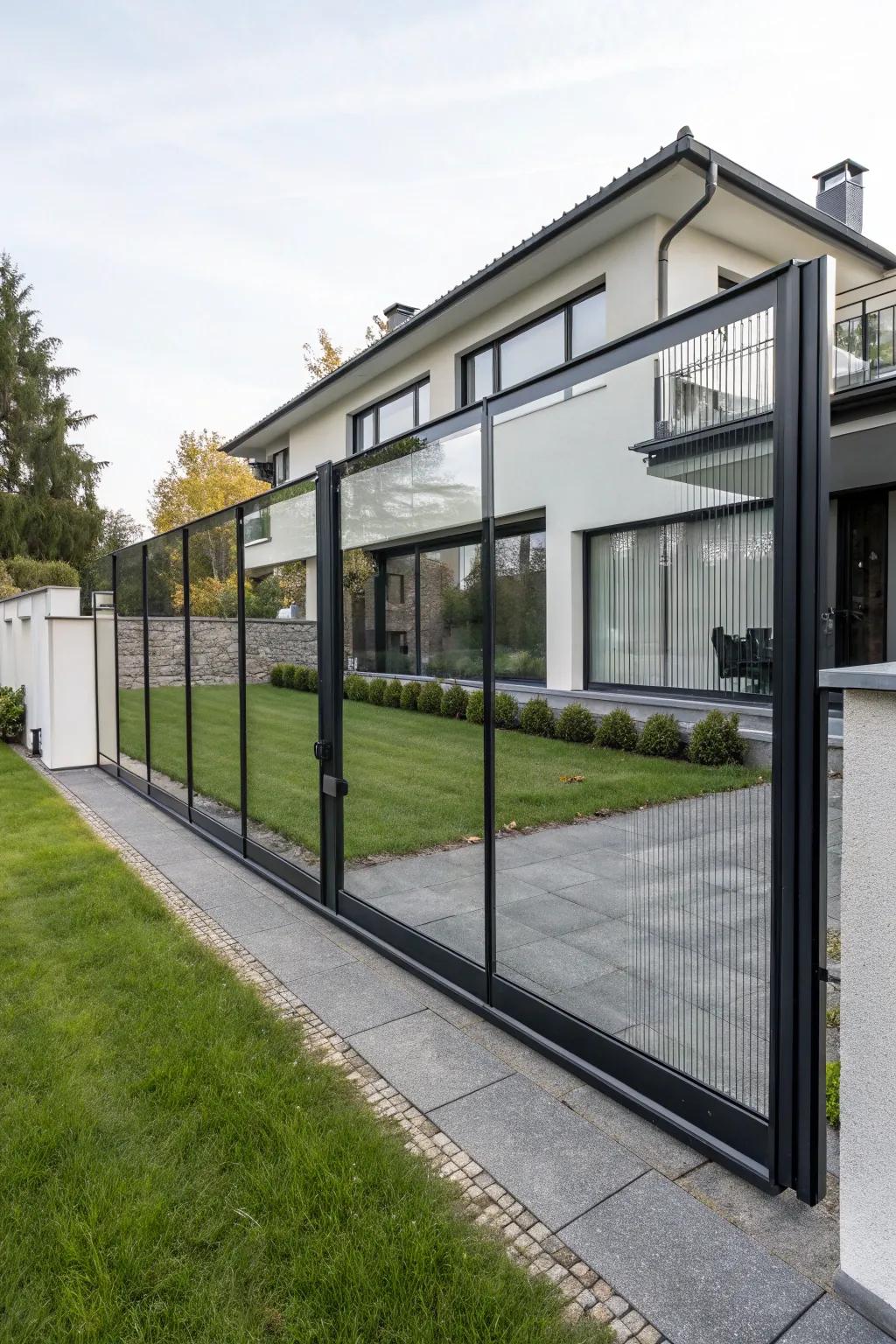 Glass panels add a modern edge to this sleek sliding gate.
