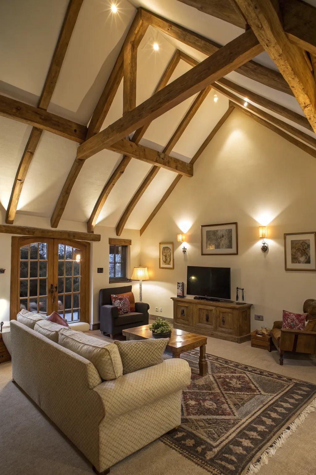 Highlight exposed beams for a rustic touch.