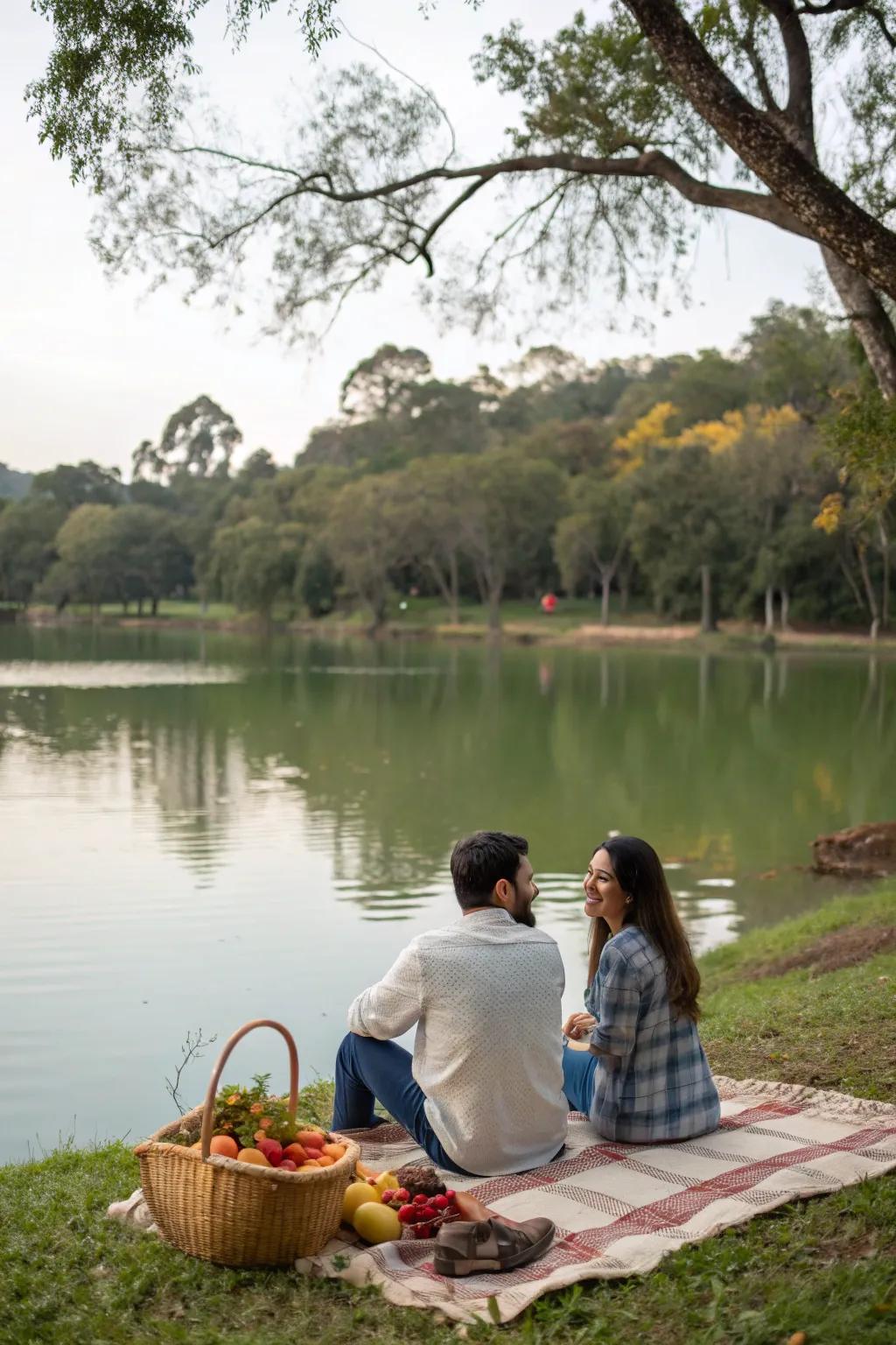 A tranquil lakeside picnic with nature's calming embrace.