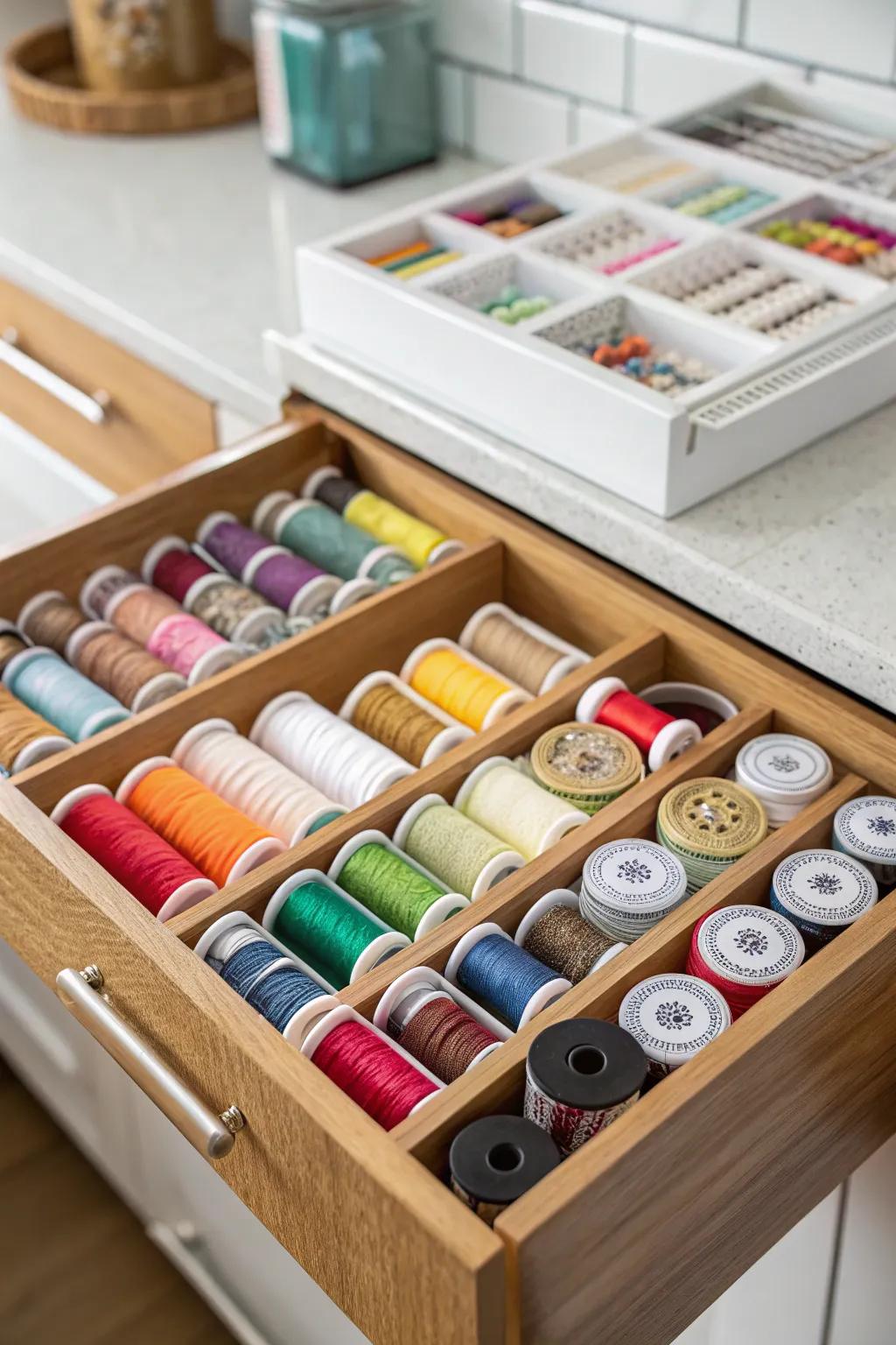 Spice drawer with dividers keeping threads and small bottles organized.
