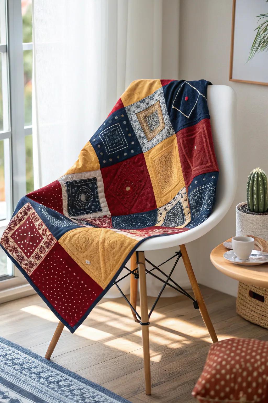 Embrace the warmth of nostalgia with this vibrant bandana quilt, a perfect blend of color and simplicity.