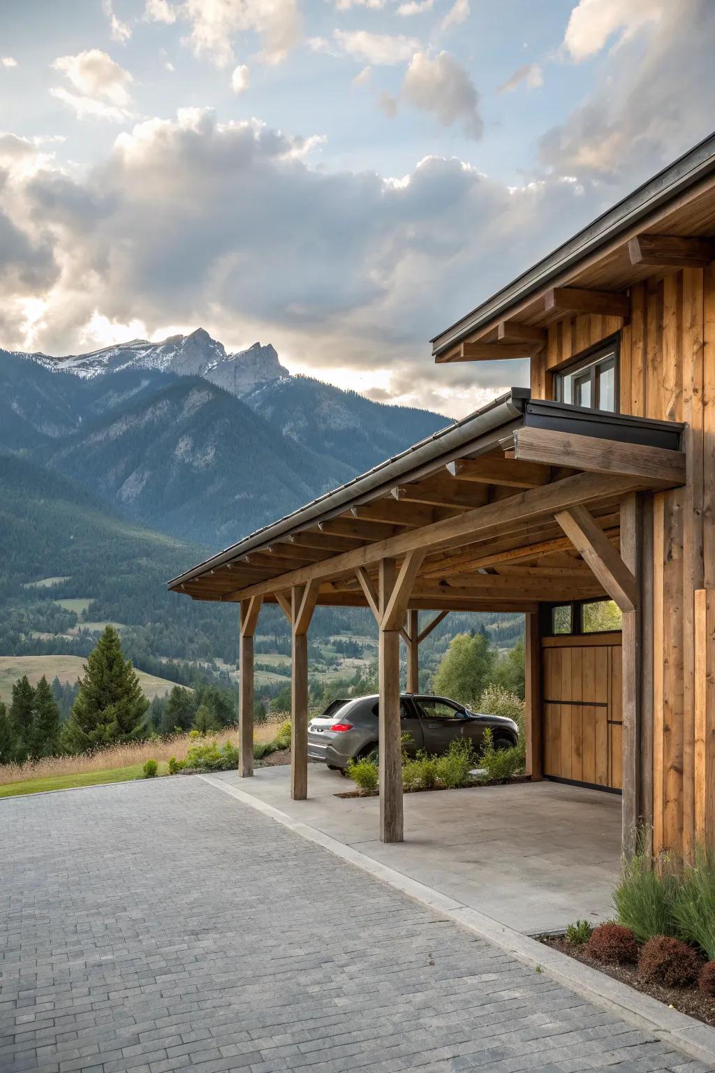 Character and charm with a rustic modern wood carport.