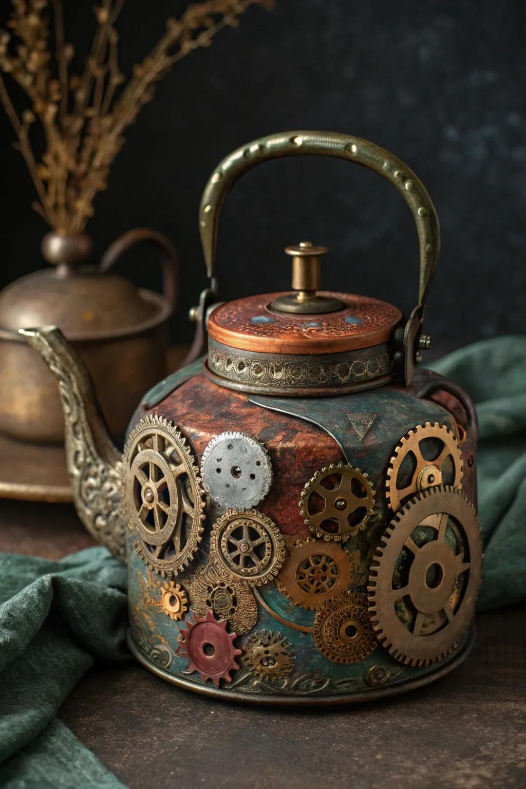 Revive your kitchen with a steampunk-inspired centerpiece: the upcycled teapot masterpiece.