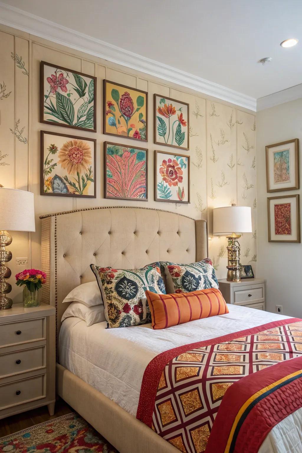 Bold wall art enhances the character of this beige headboard room.