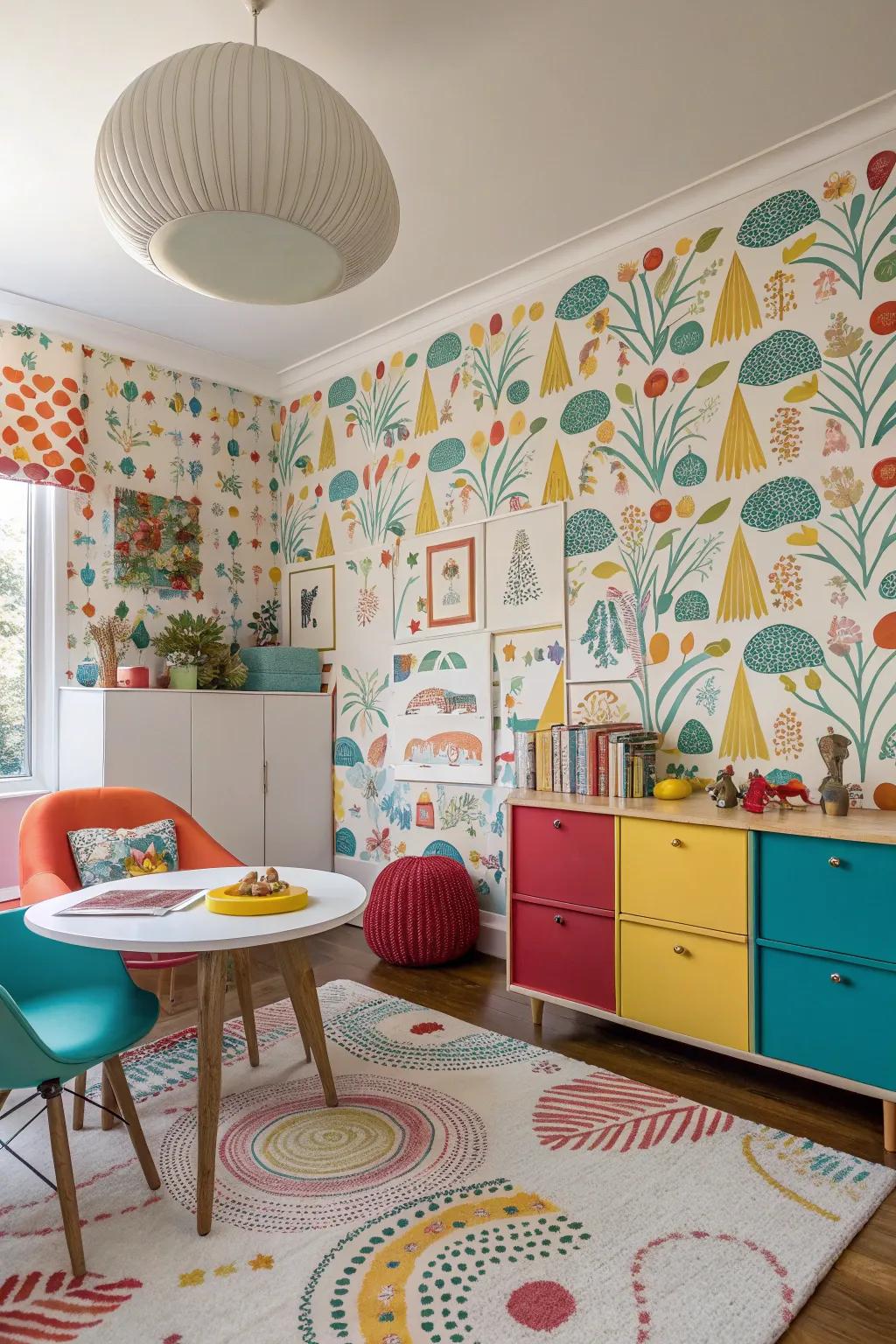 Kid's room with playful wallpaper and colorful decor.