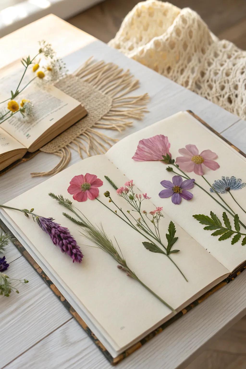 Capture timeless memories with the natural beauty of pressed flowers in your scrapbook.