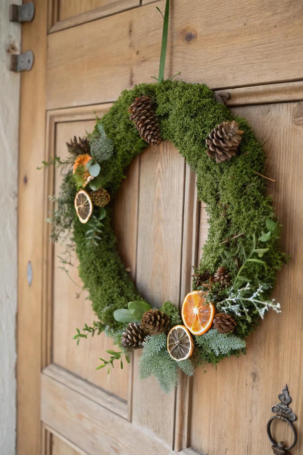 Embrace the seasons with a handcrafted moss wreath that welcomes every guest with natural elegance.