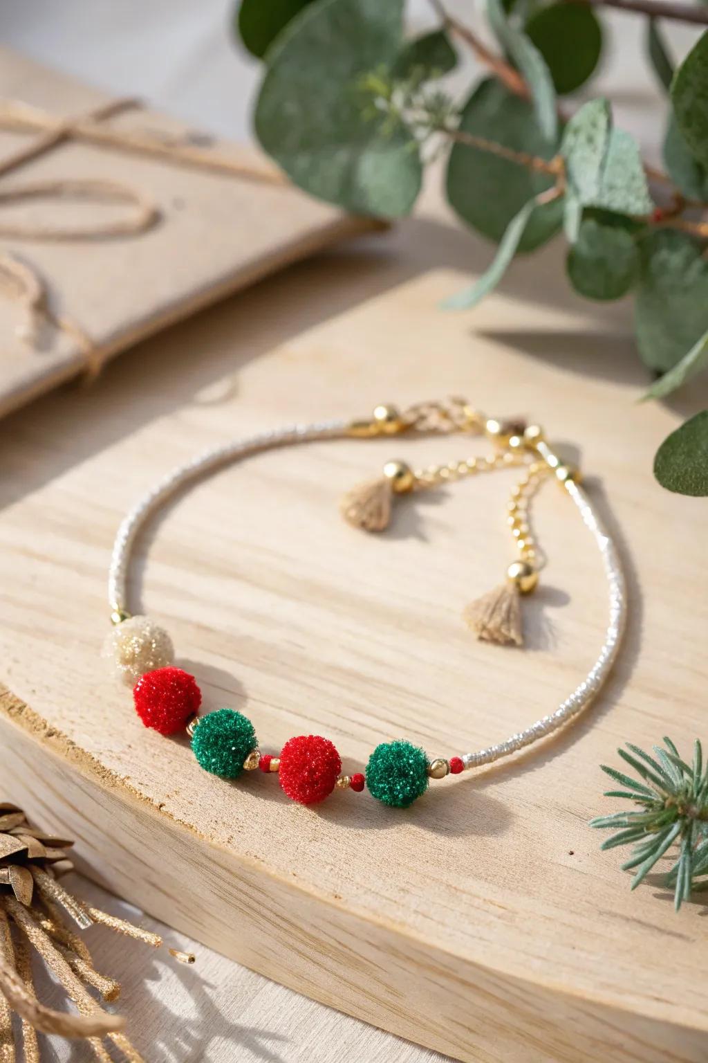 Add a touch of festive whimsy to your holiday look with this charming pom-pom bracelet!