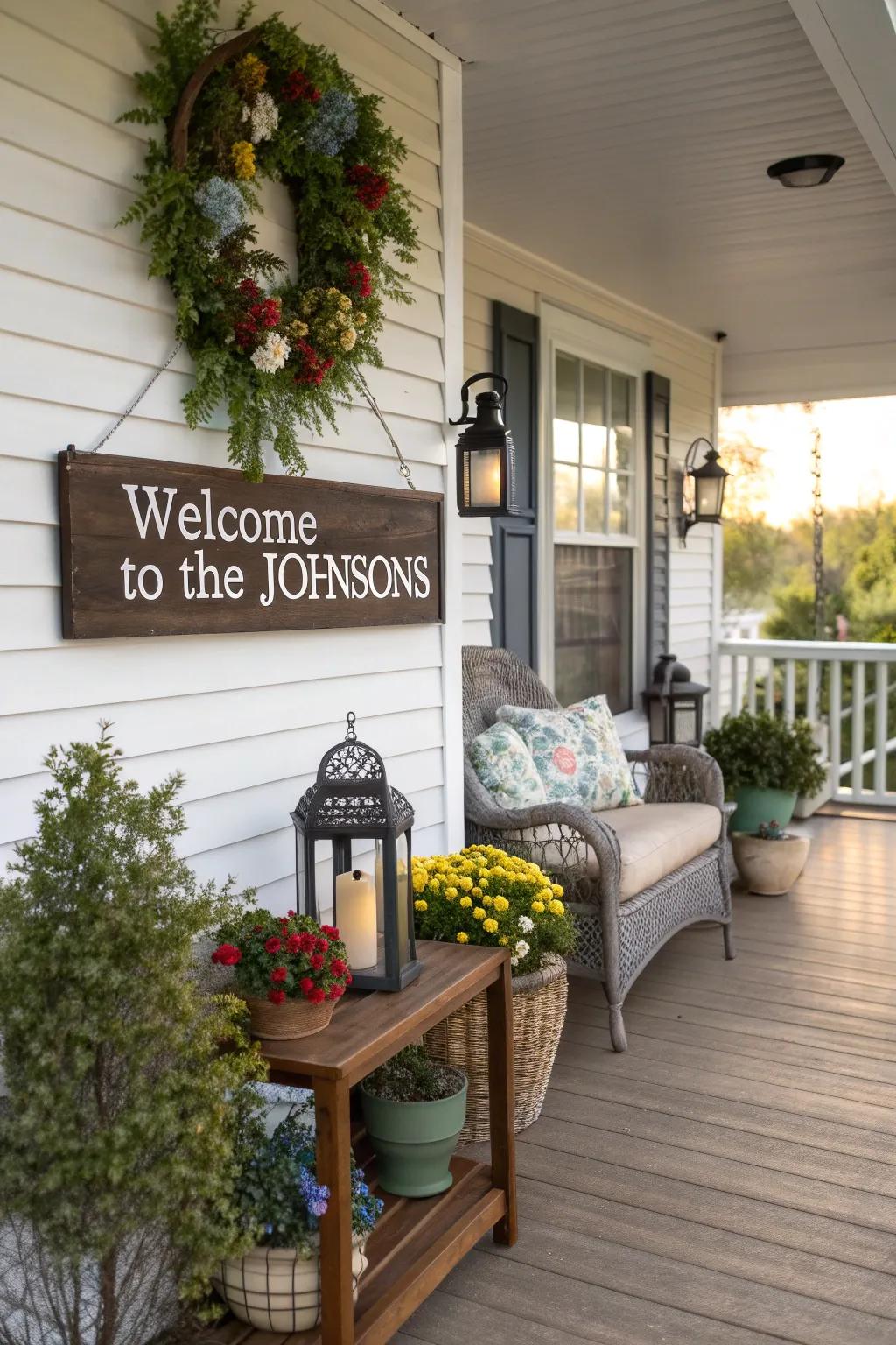 Personalized signs add a unique touch to the porch.