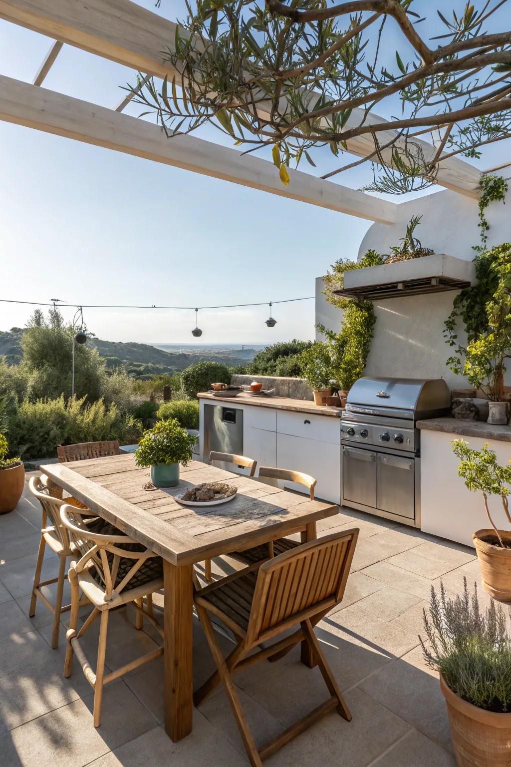 Natural lighting enhances the welcoming atmosphere of outdoor kitchens.