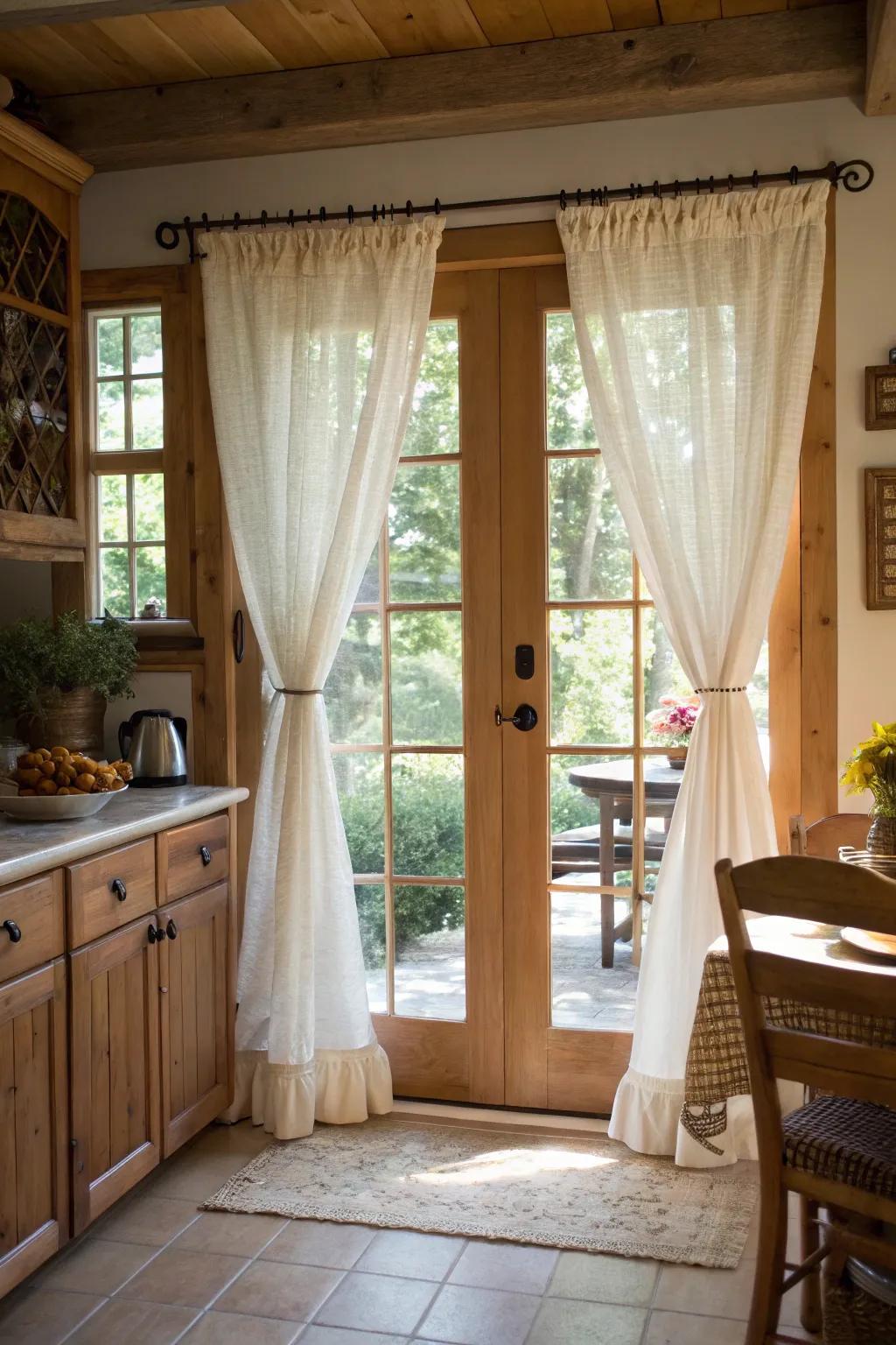 Cafe curtains adding a cozy feel to French doors in a kitchen nook.