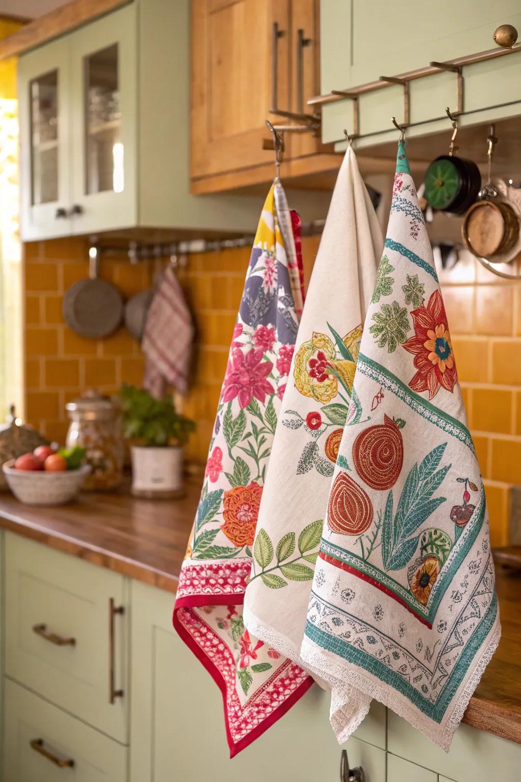 Colorful tea towels that bring joy to daily kitchen tasks.