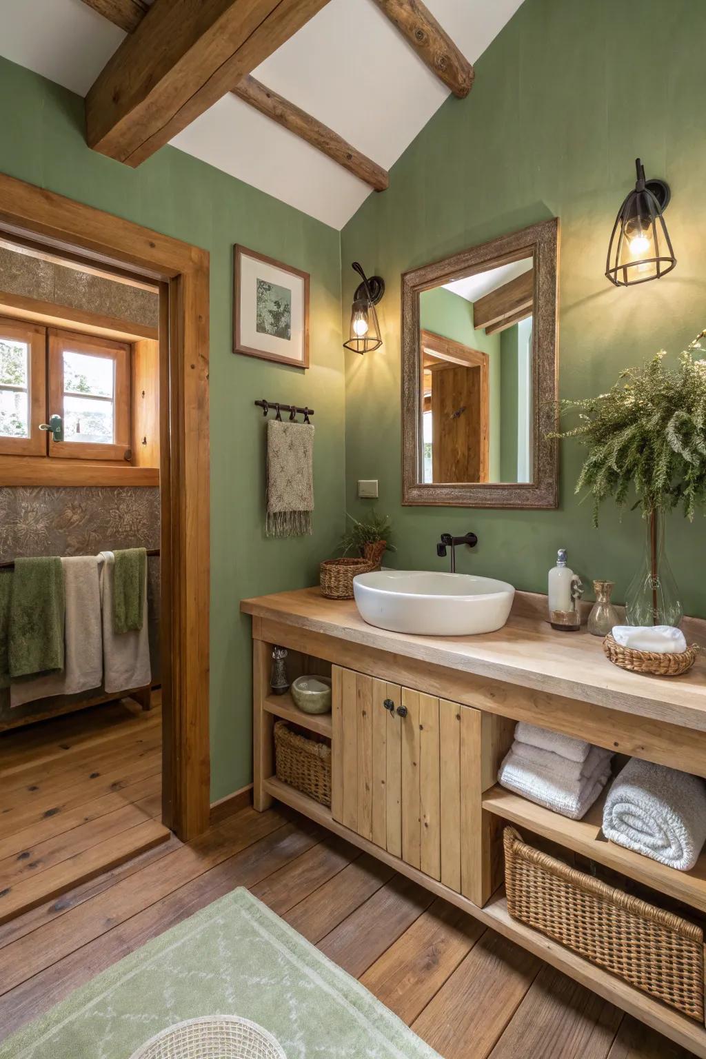 Natural wood elements enhance the warmth of sage green bathrooms.