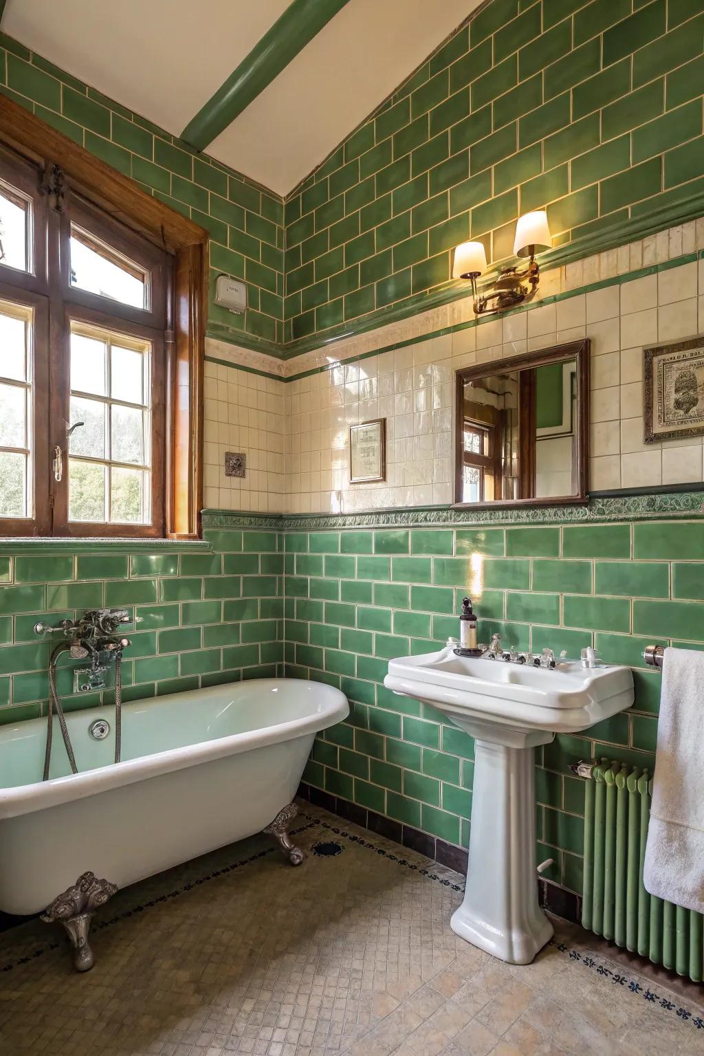 A serene bathroom featuring vintage green tiles and classic fixtures.