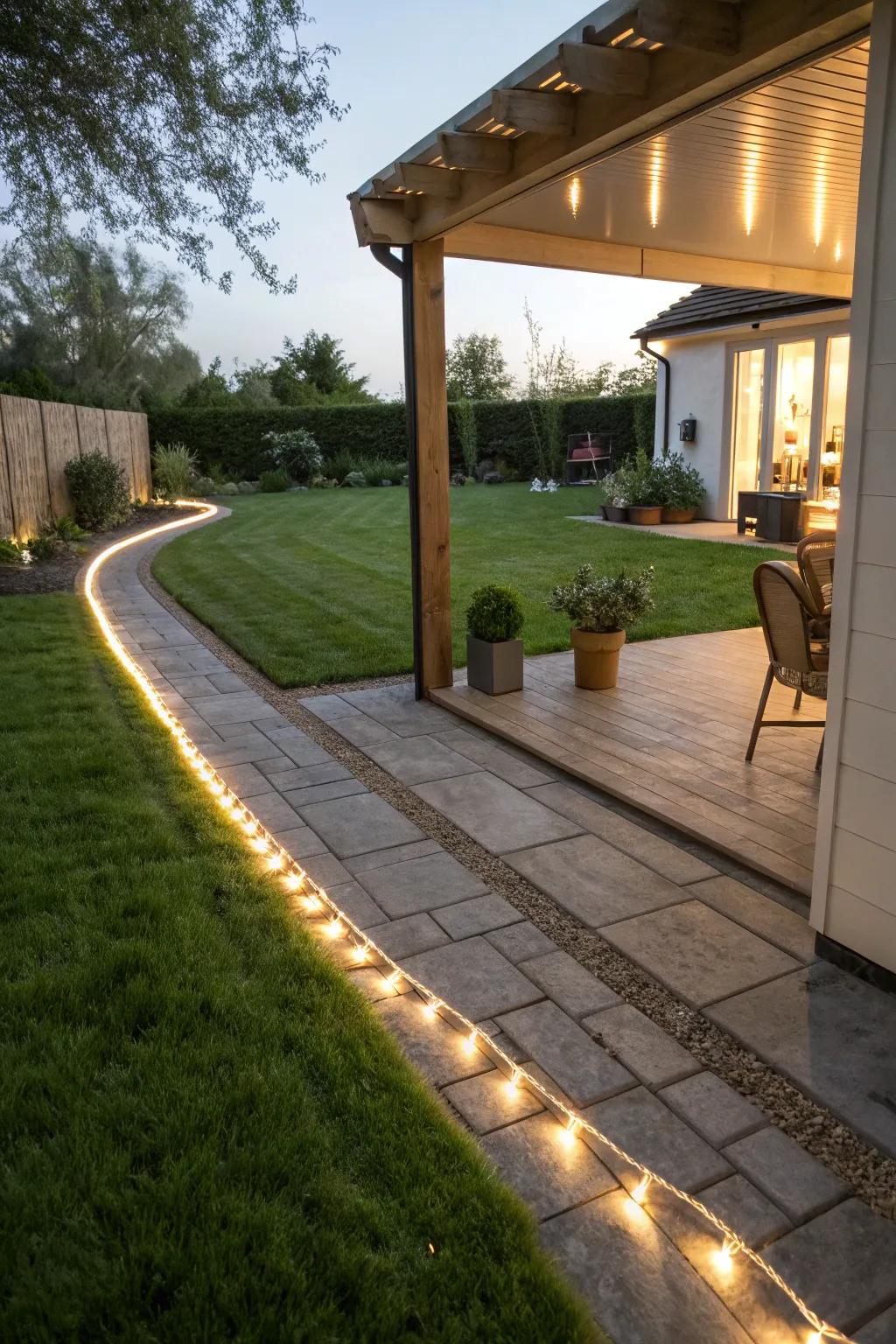 Rope lighting adds ambiance and safety to patio transitions.