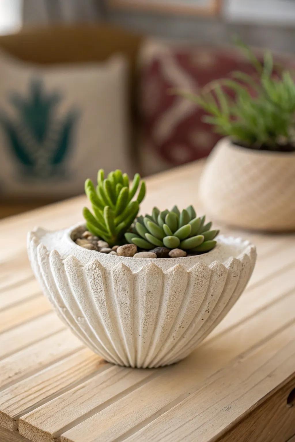 Bring coastal charm indoors with a handcrafted clay shell pot, perfect for your favorite succulent.
