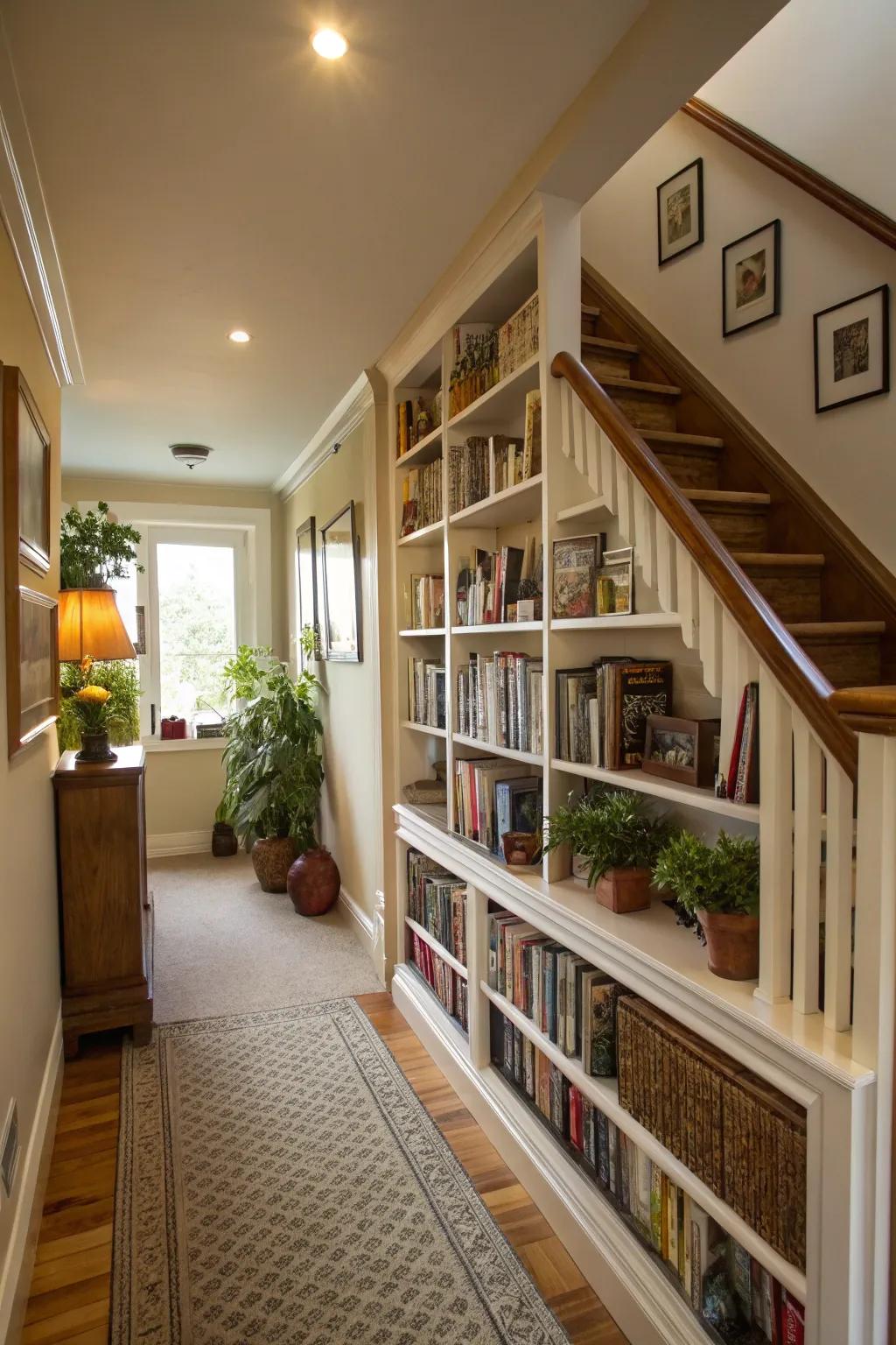 Built-in shelves provide stylish storage and display options.