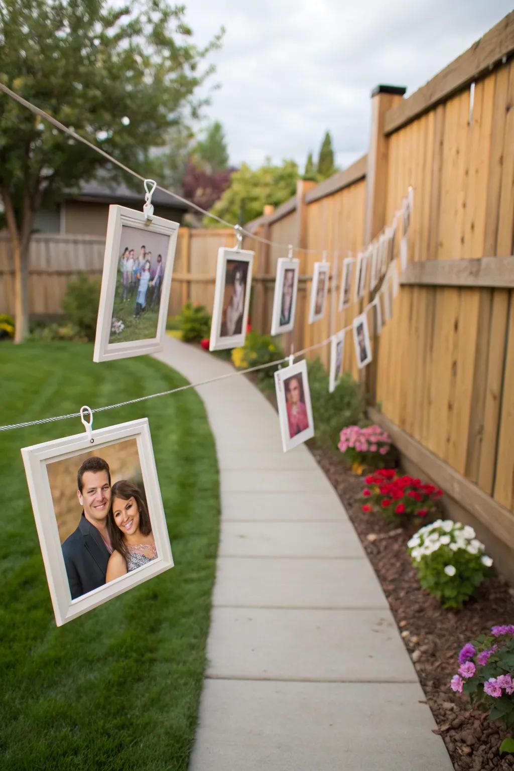 A photo memory lane in a backyard, showcasing a couple's journey together.