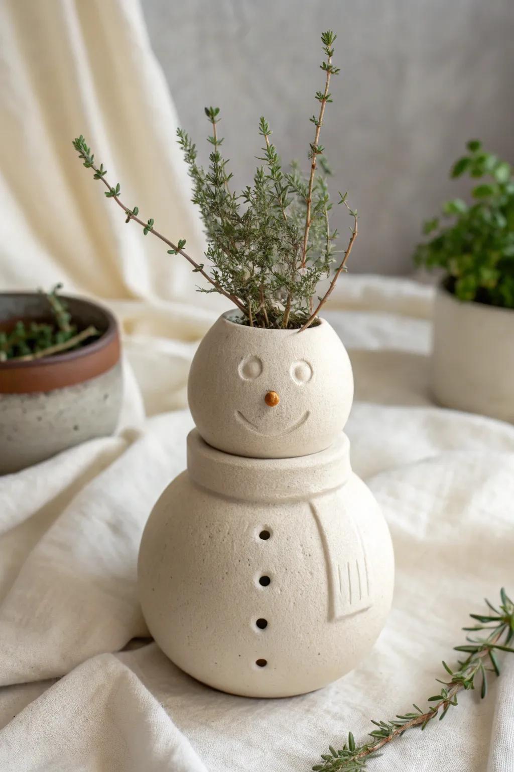 Embrace the holiday spirit with a handcrafted touch: A minimalist snowman clay planter perfect for festive decor.