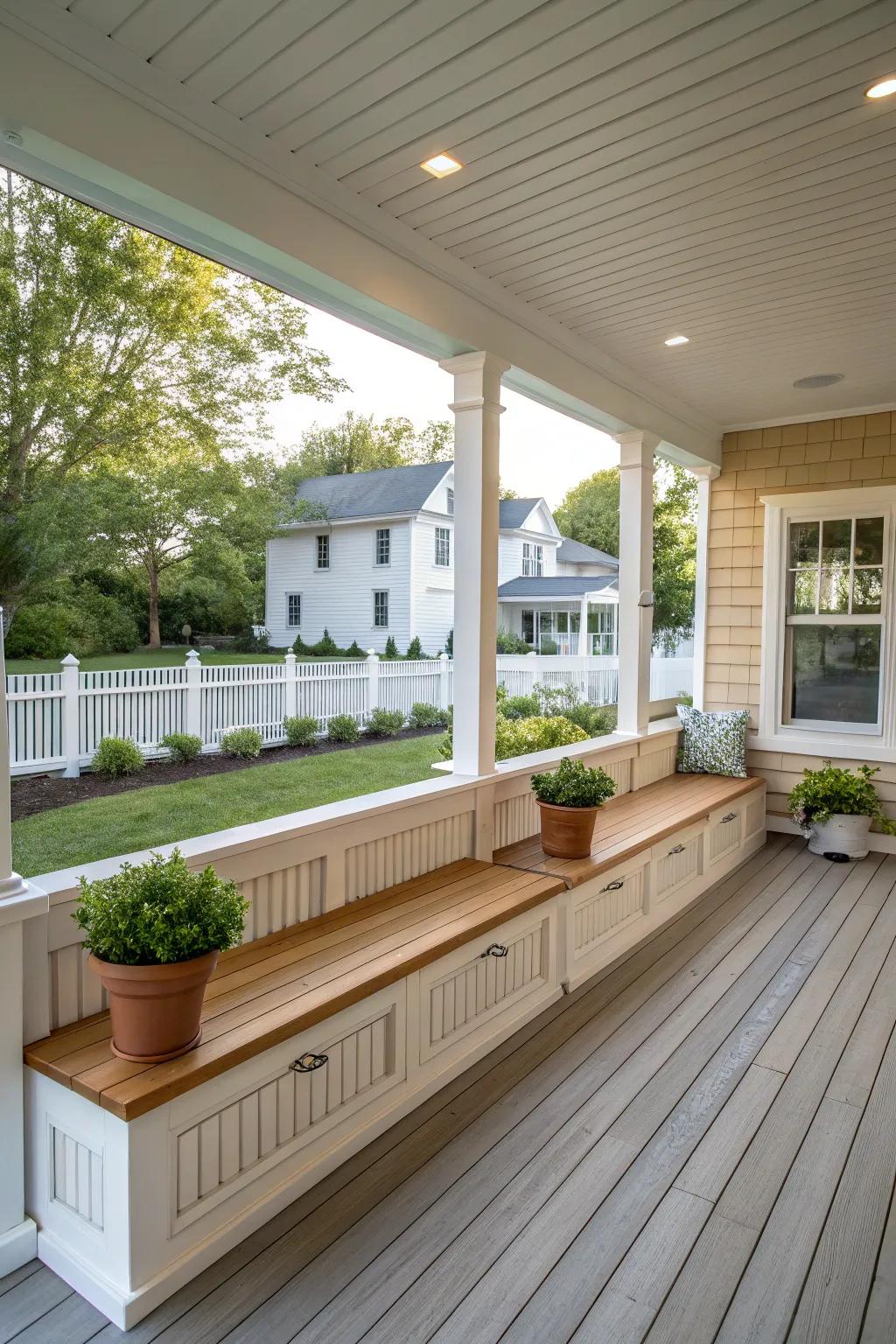 Built-in benches offering functionality and style on a large front porch.