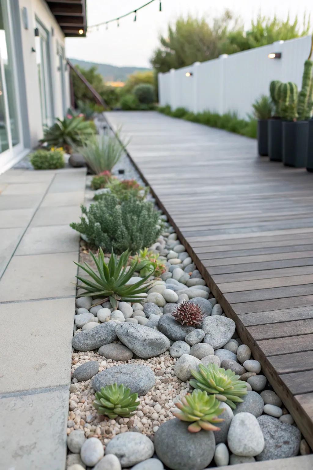 Rock beds offer a modern, low-maintenance aesthetic for your deck.
