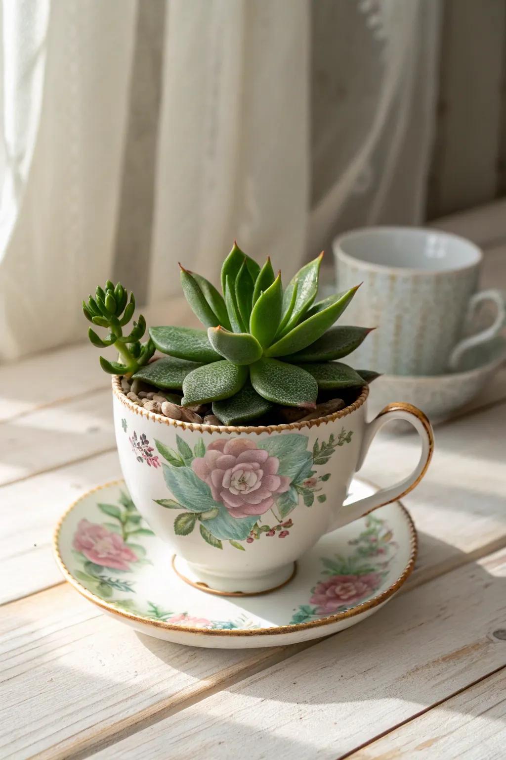 Transform tea time into a botanical delight with these charming painted teacup planters, perfect for a touch of green elegance.