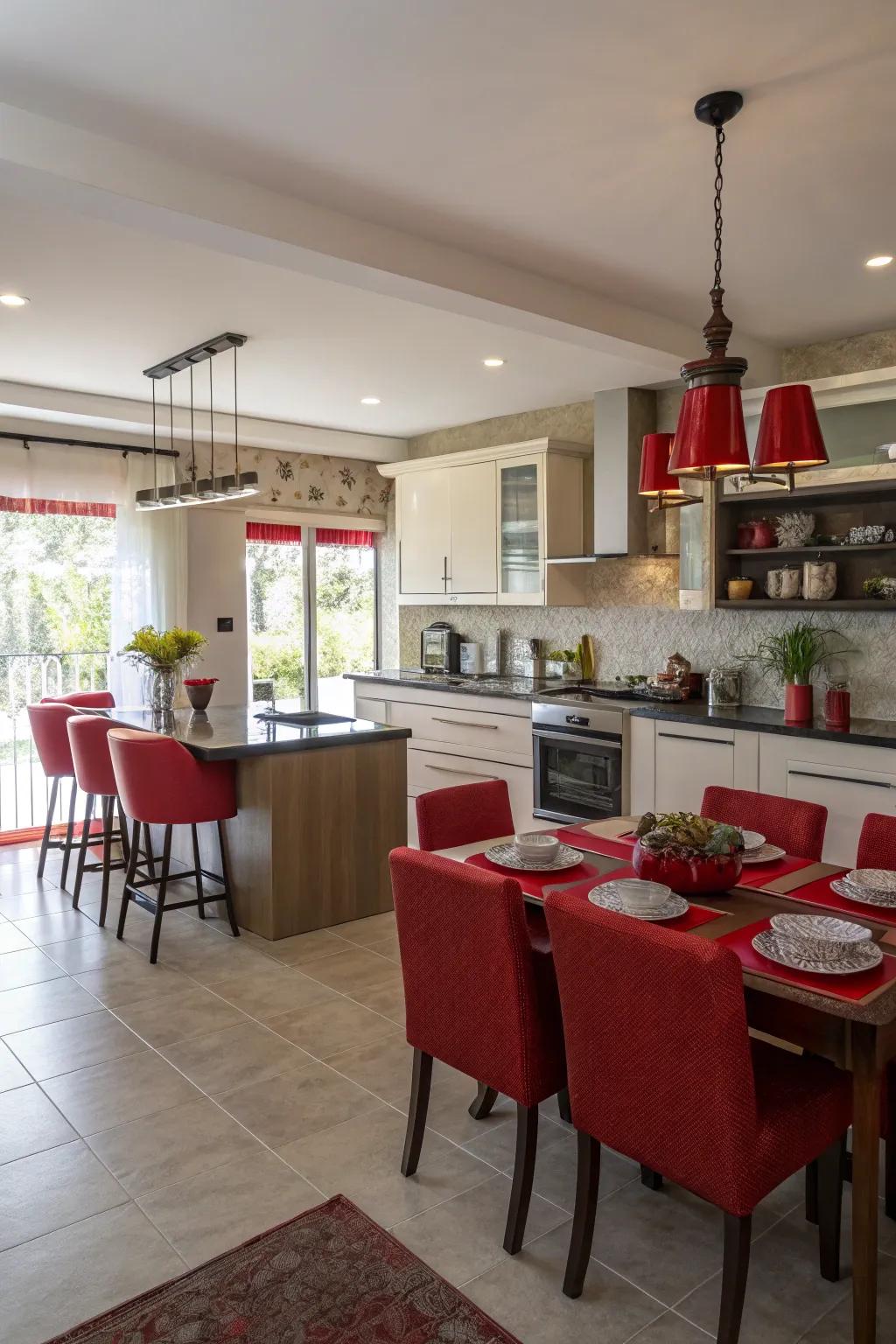 Red accents blend seamlessly into the open-layout kitchen and dining area.