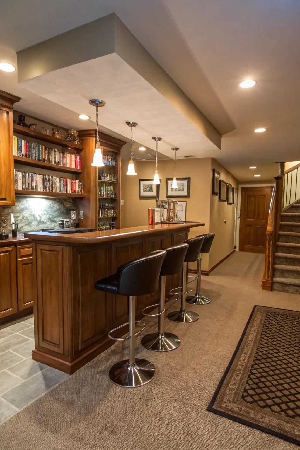 A home bar adds luxury and entertainment value.