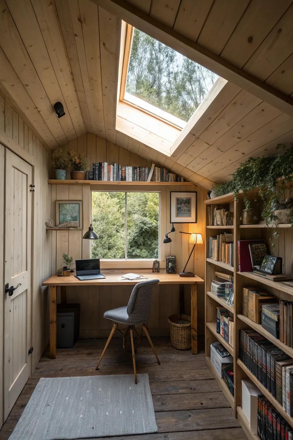 A skylight floods your shed office with extra natural light.