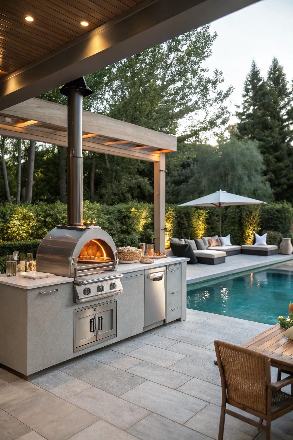 A gourmet twist with a built-in pizza oven in the outdoor kitchen.
