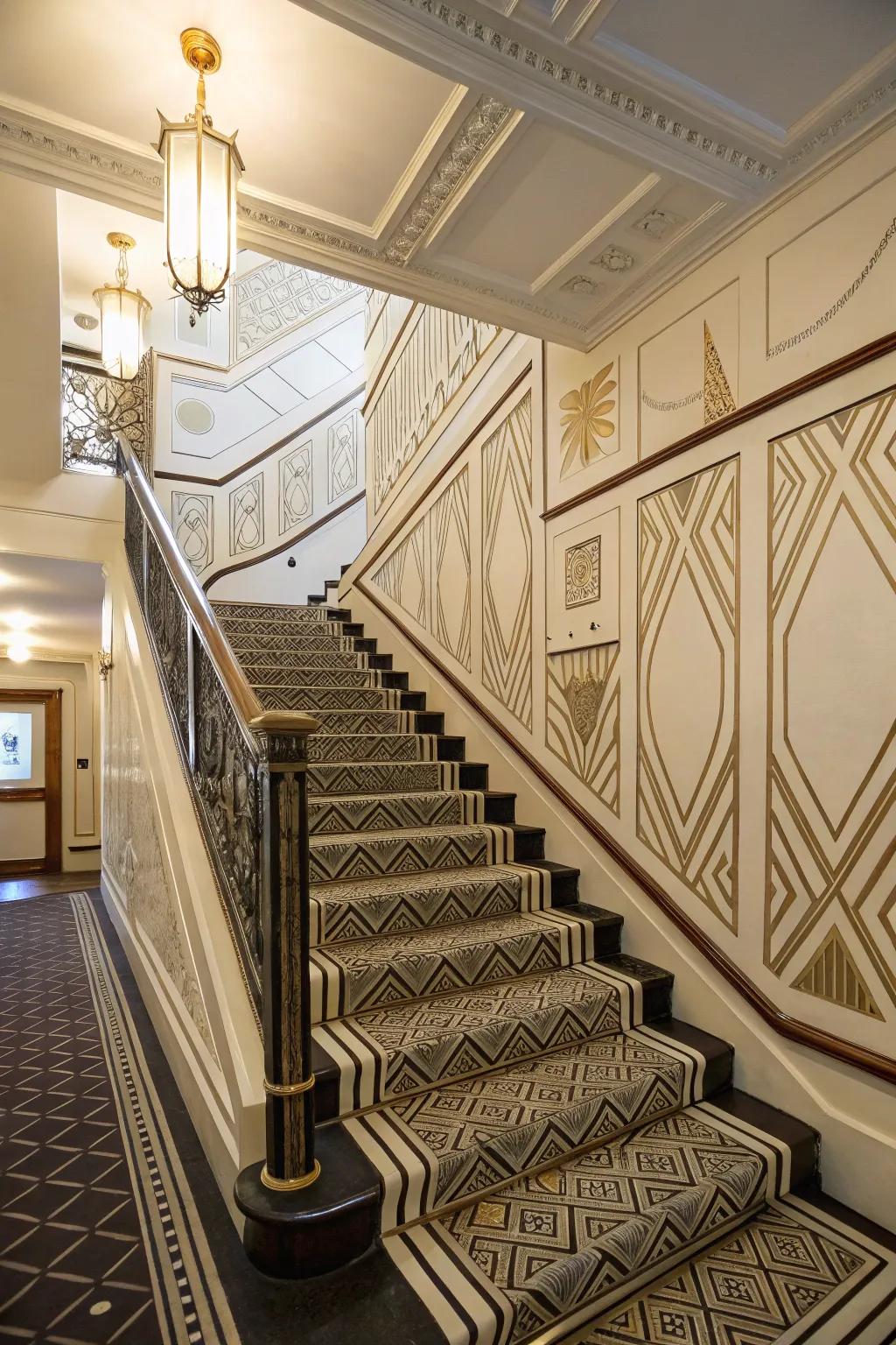 Art Deco wainscoting brings glamorous flair.