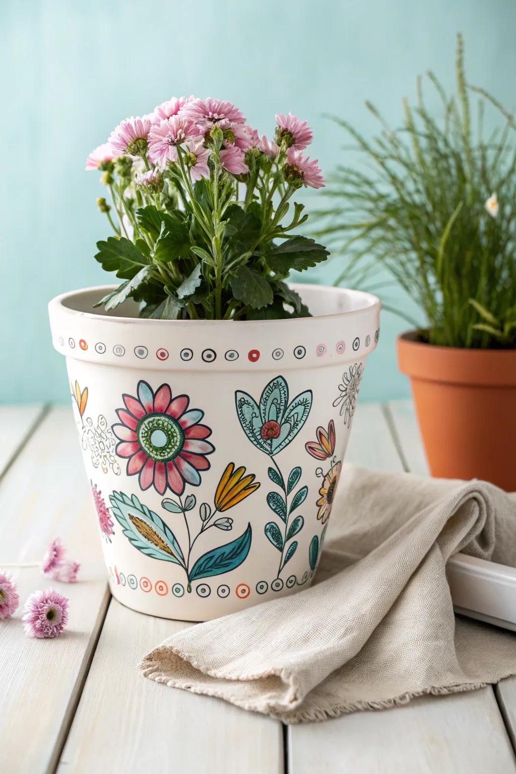 Add a splash of creativity to your home with a hand-painted flower pot, perfect for celebrating life's special moments.