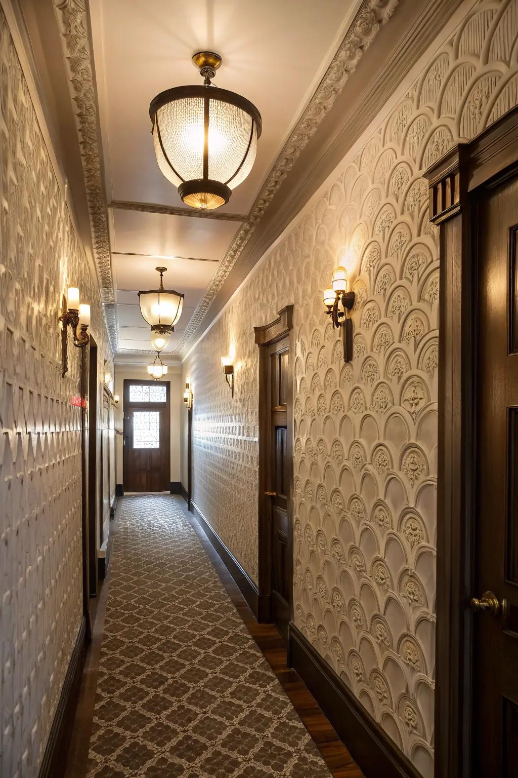 Hallway with textured 3D wallpaper and vintage lighting.