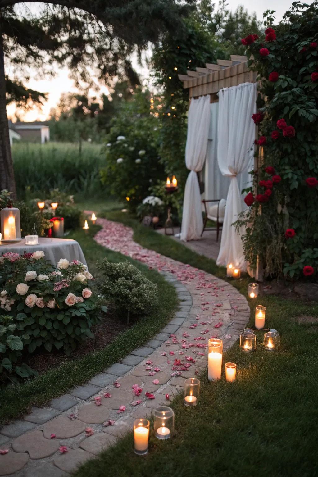 A candlelit pathway leading to a romantic backyard proposal setting.
