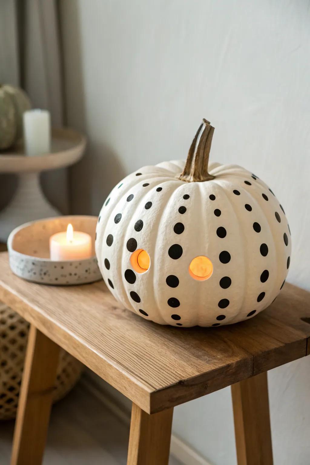Embrace the playful elegance of polka dots with this minimalist jack-o'-lantern design, perfect for a cozy and stylish Halloween decor.