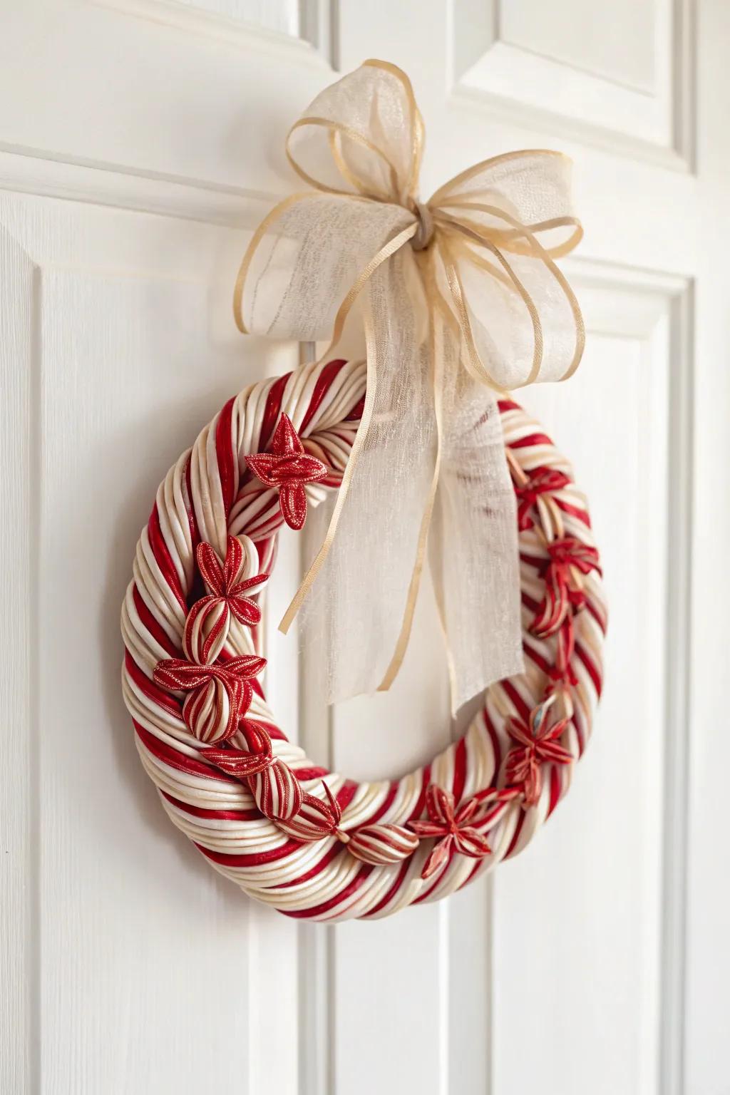 Embrace simplicity with a charming candy cane bow wreath, perfect for adding a touch of handcrafted elegance to your holiday decor.