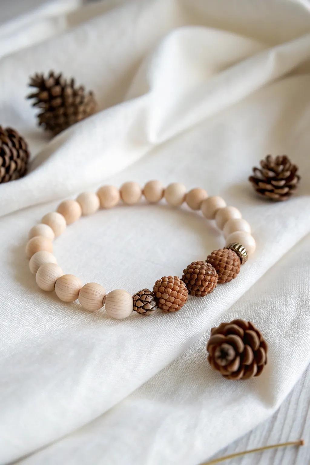 Embrace the beauty of nature with this charming Christmas bracelet, a perfect blend of rustic wooden beads and tiny pinecones, capturing the essence of winter woods.