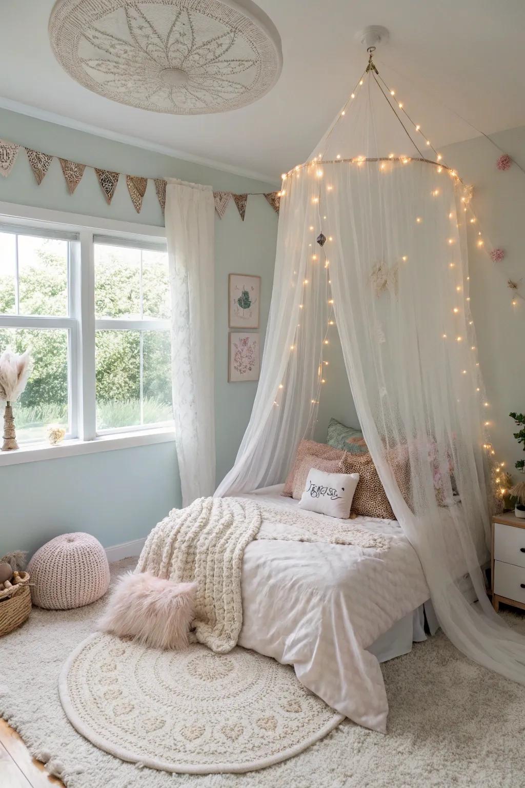 A sheer canopy adds a dreamy, elegant touch to the bed.