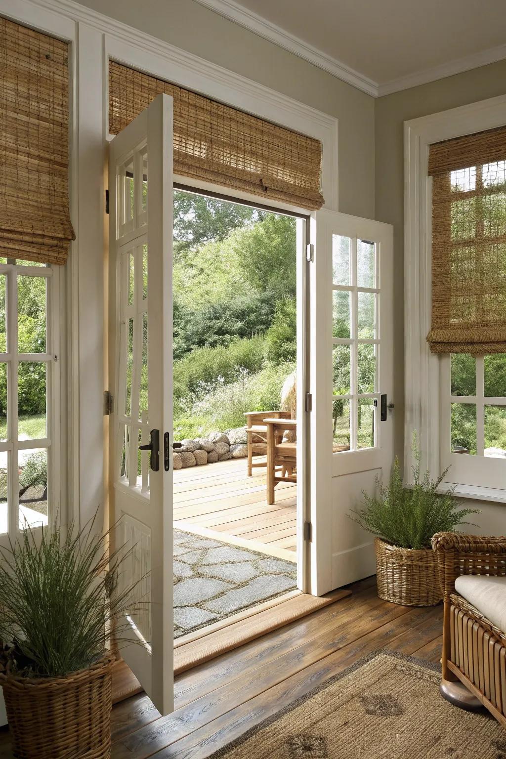 Woven wood shades adding an organic touch to French doors in a serene setting.