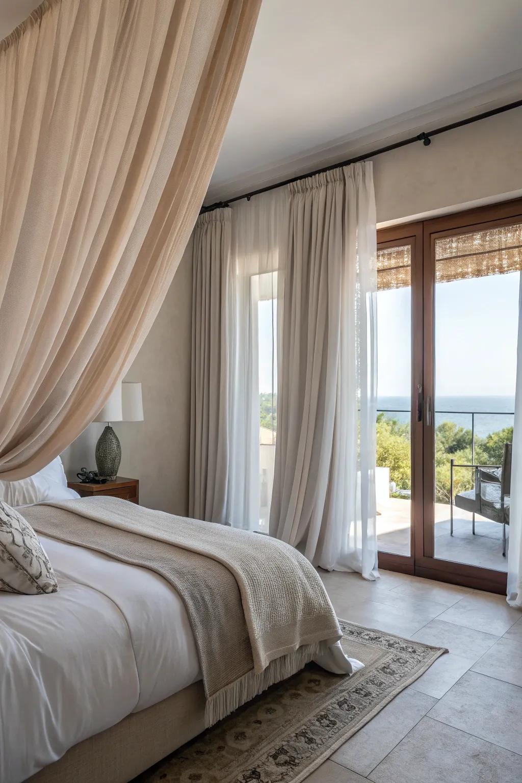 Flowy curtains add a gentle, romantic touch.