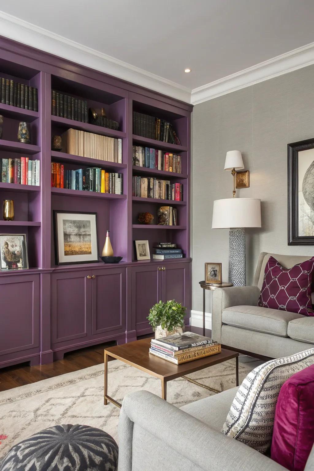 Purple bookshelves adding character to the living room.