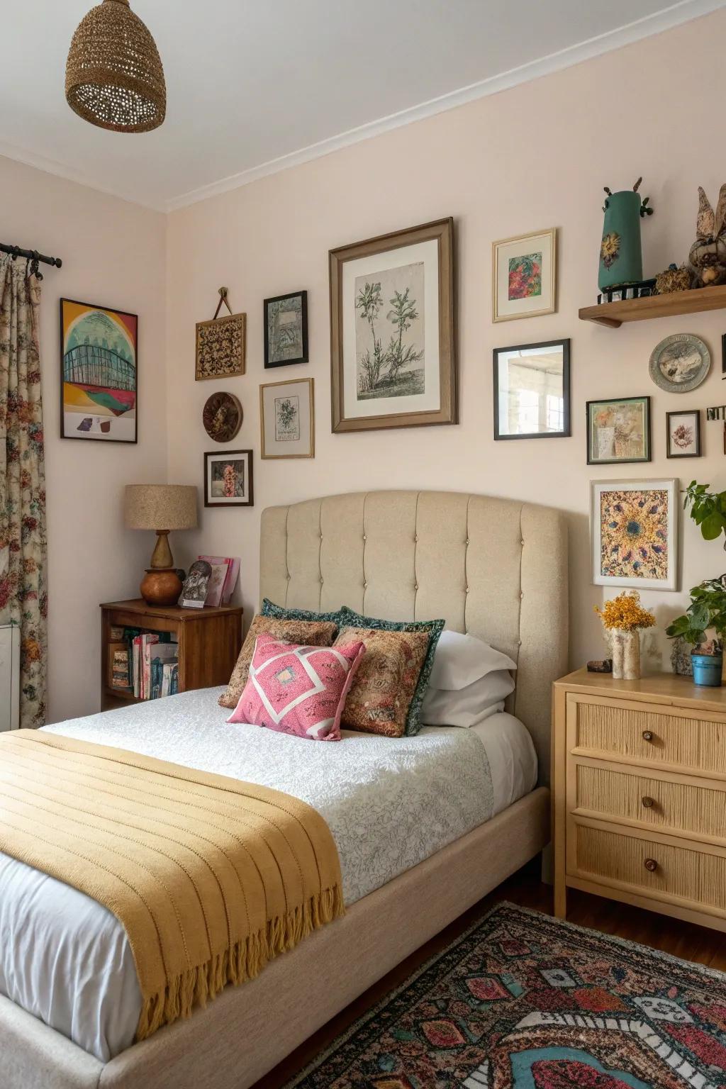 Artistic flair shines through in this beige headboard design.