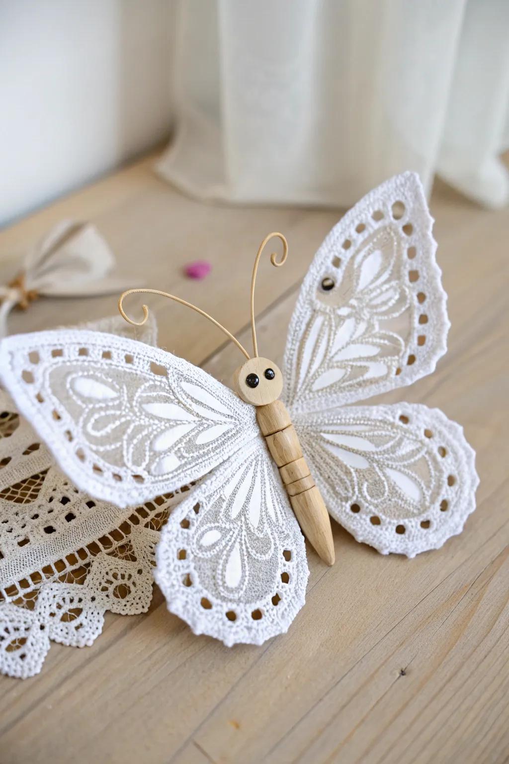 Whimsy meets craftsmanship in this charming doily butterfly craftâsimple elegance for every creative soul.
