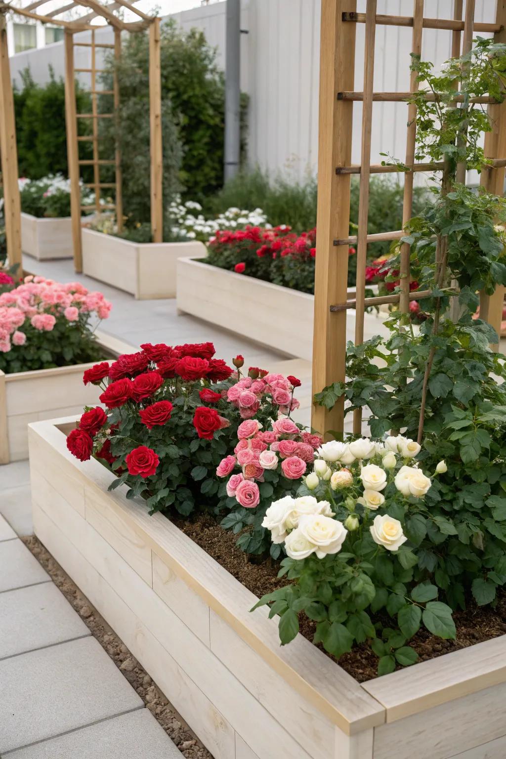 Embrace bold elegance with color-blocked rose garden sections that make a statement. Discover the harmony of simplicity and vibrant beauty.