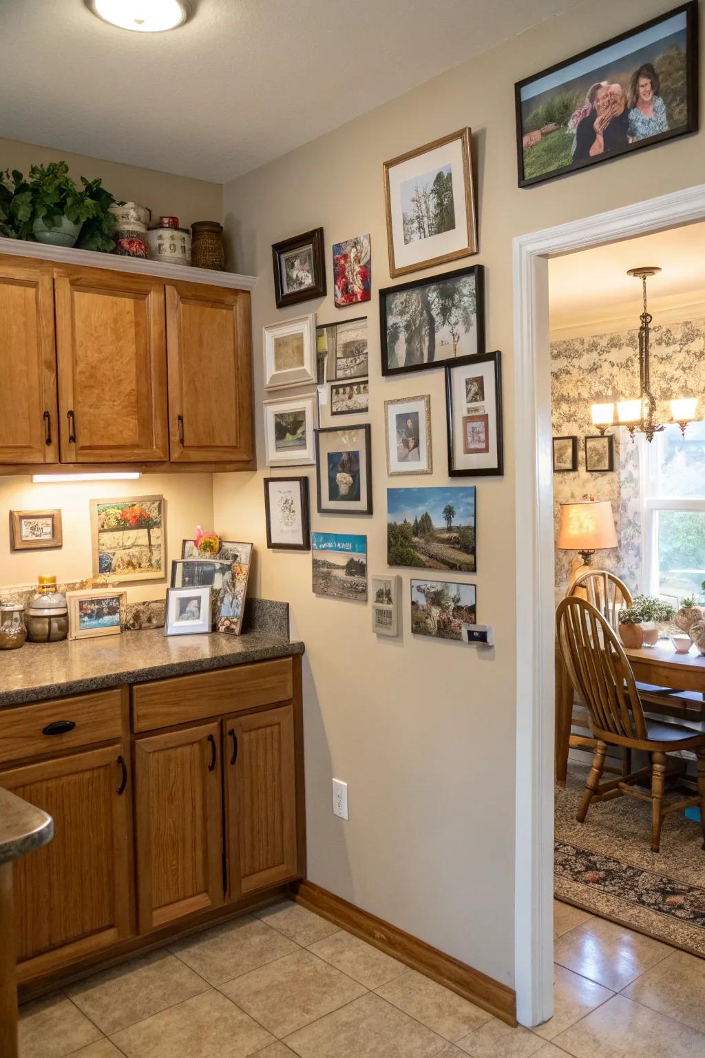 Gallery wall in a kitchen, filled with personal memories.