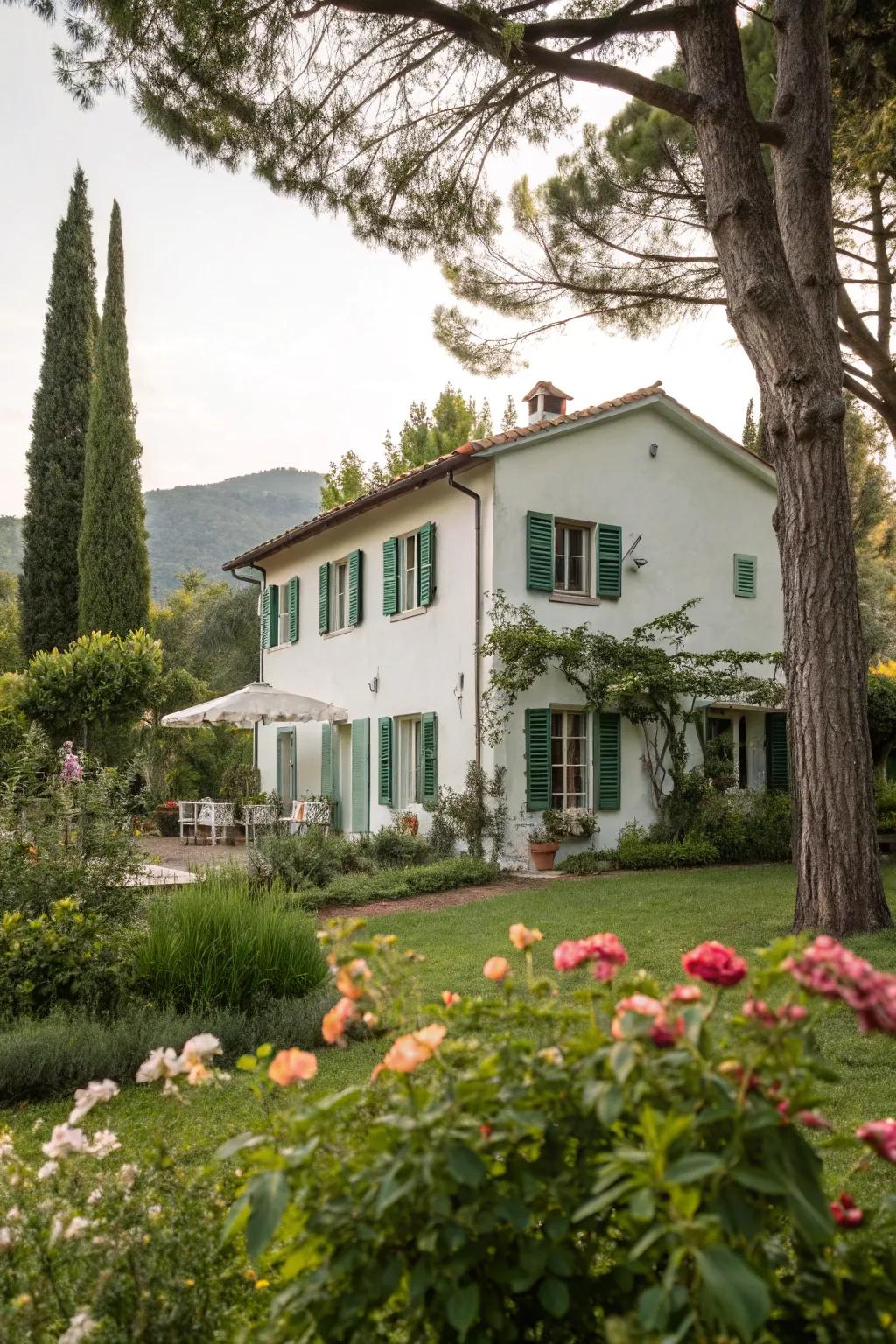 Sage green shutters offer a soft, organic vibe to this white house.