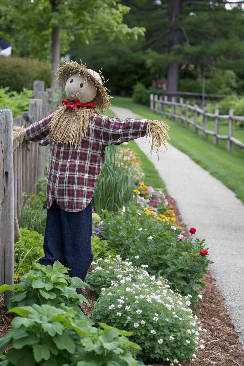 A cozy plaid shirt head makes for an inviting scarecrow.