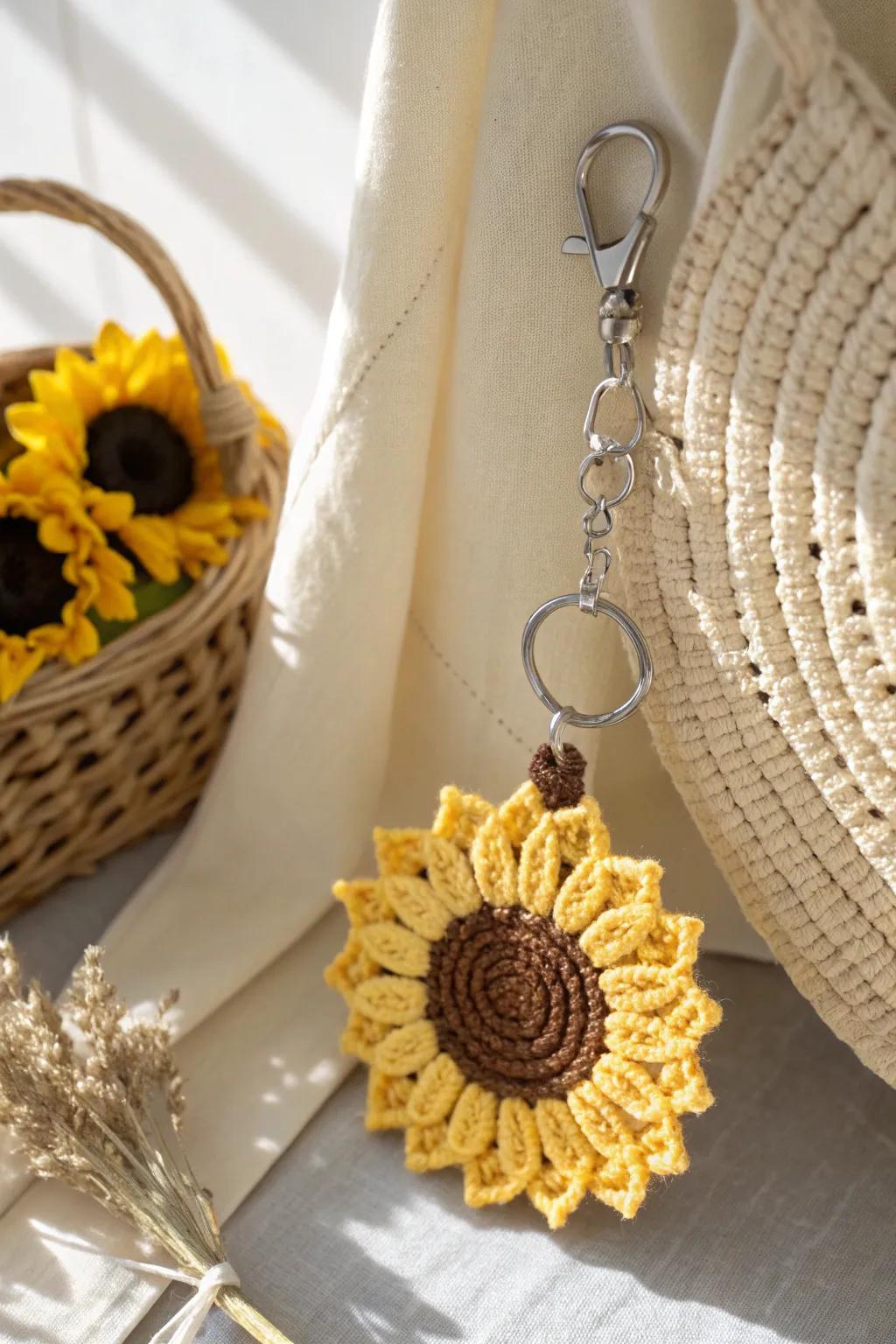Add a burst of sunshine to your keys with this charming crocheted sunflower keychain, a perfect blend of nature and artistry.