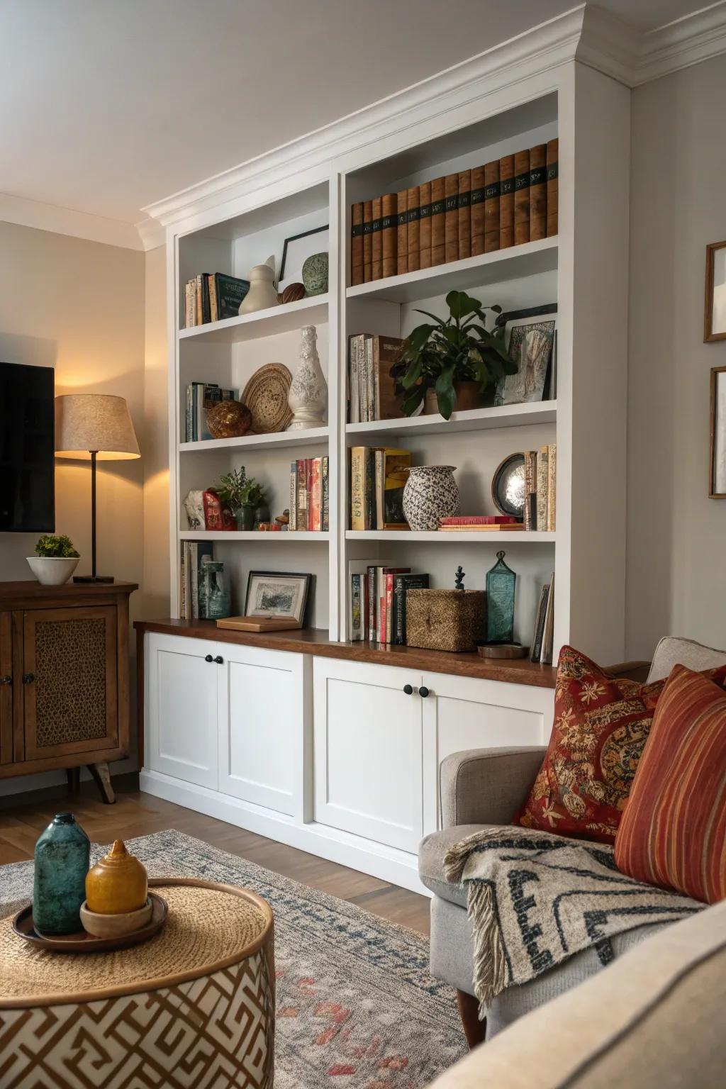 Open shelving provides style and storage in this tasteful living room.