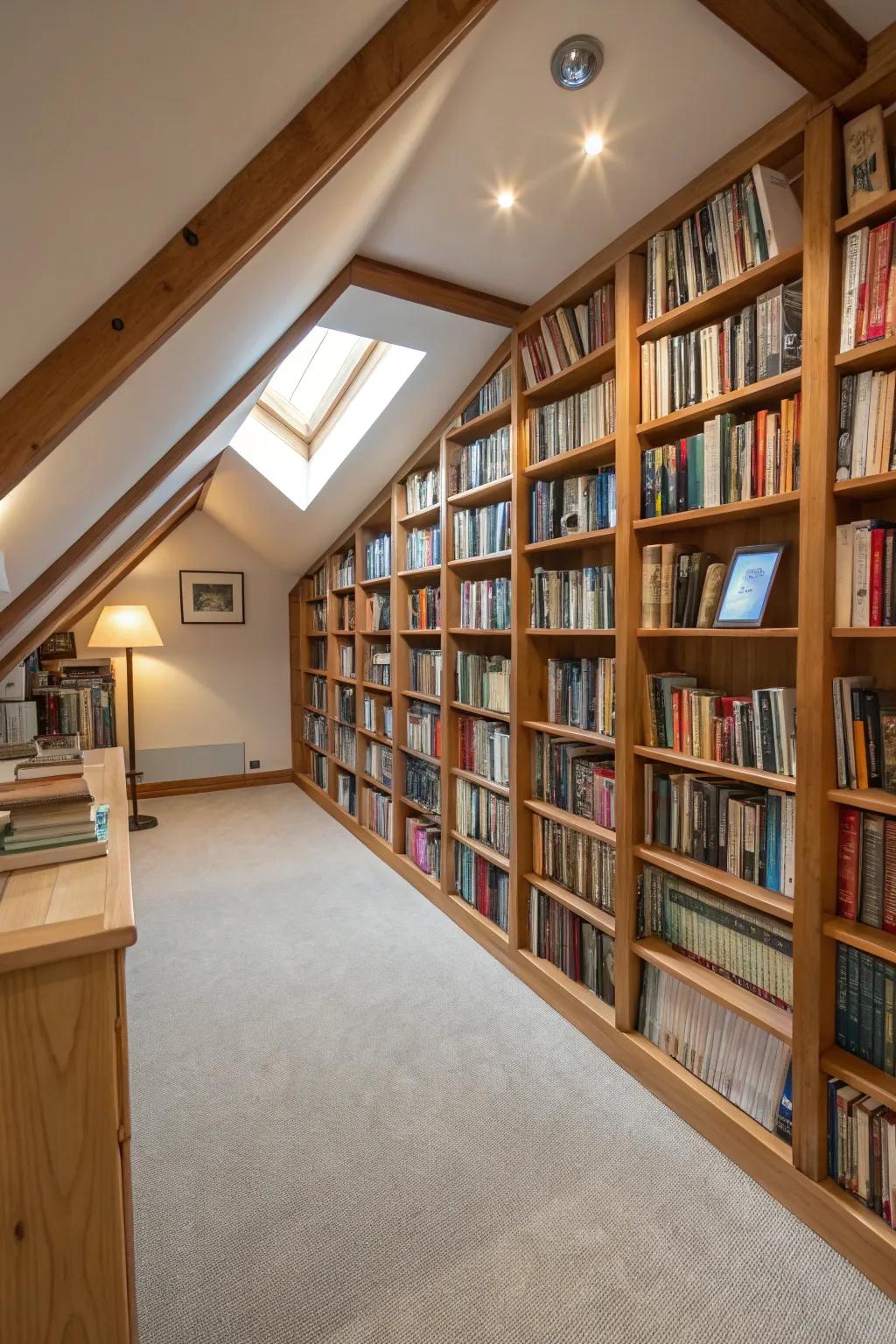 Create a library vibe with sloped bookshelves.